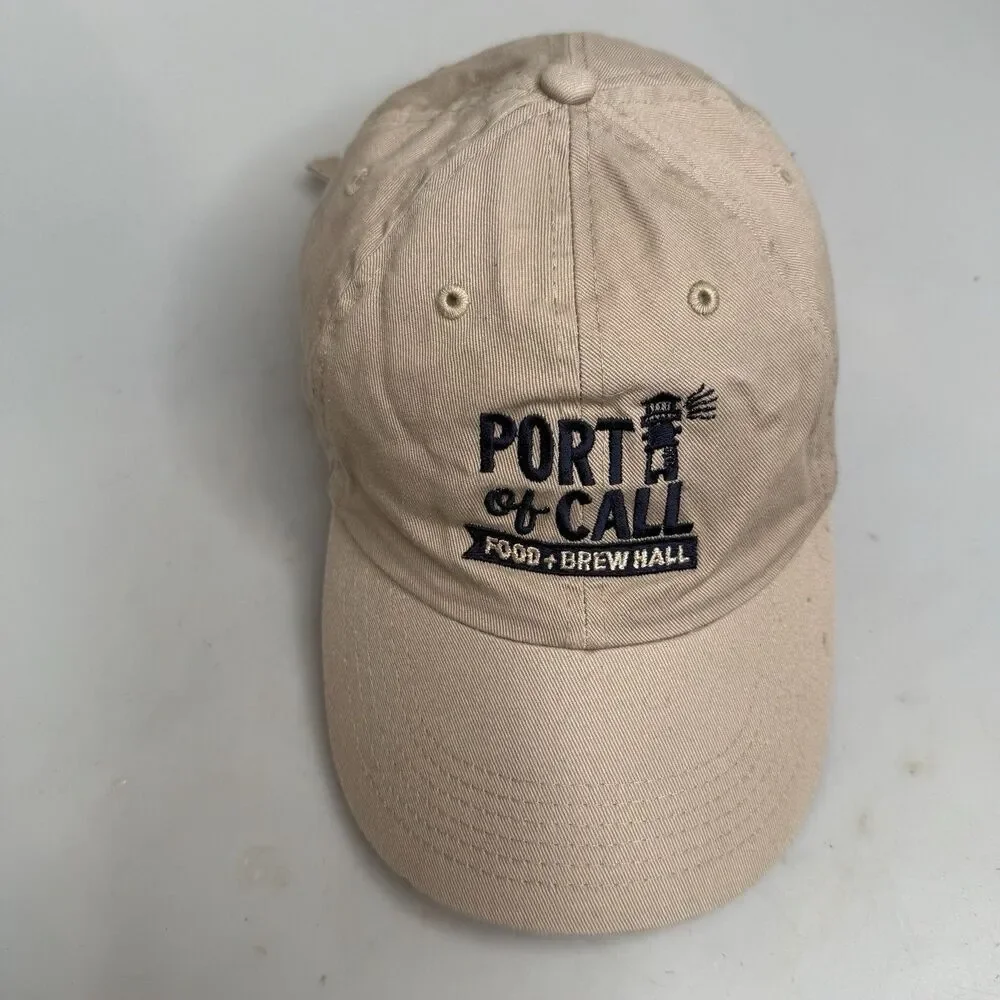 Port of Call Food & Brew Hall Dad Hat Tan Adjustable Strap Back Unstructured